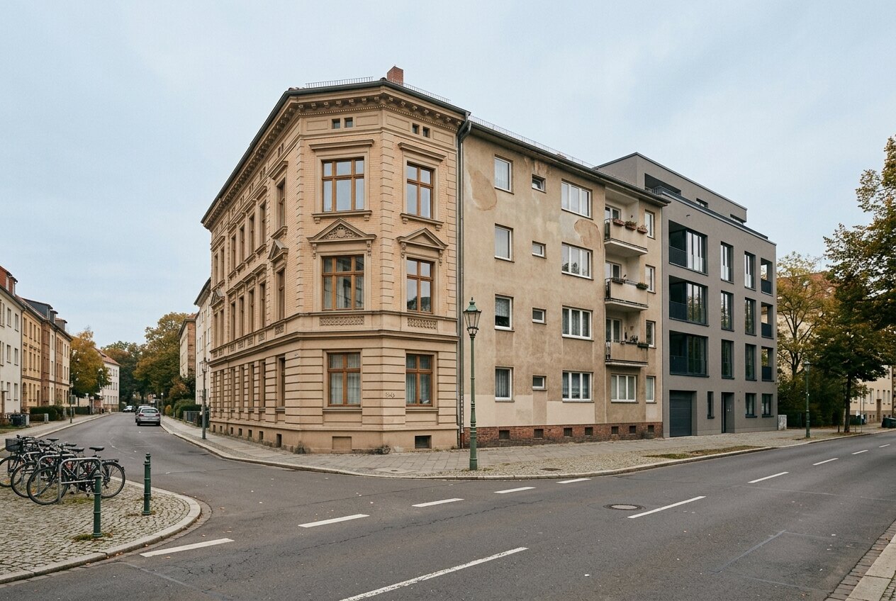 Straßenkreuzung mit Wohnhäusern aus Gründerzeit, Nachkriegszeit und Neubau nebeneinander