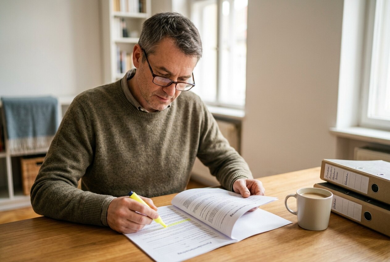 Mann markiert beim Lesen eines Mietvertrags mit einem Textmarker eine Stelle — Klauseln vor der Unterschrift prüfen