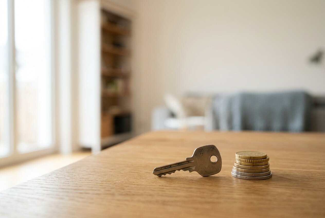 Ein Wohnungsschlüssel und ein kleiner Stapel Euromünzen auf einem Holztisch, im Hintergrund ein unscharfes Wohnzimmer
