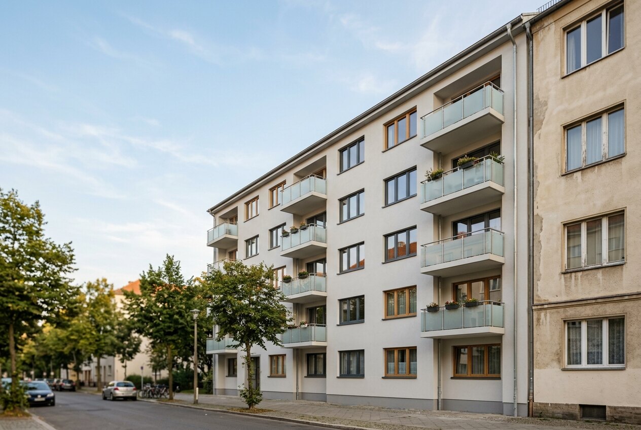 Frisch sanierte Fassade eines Mehrfamilienhauses mit neuen Fenstern und Balkonen neben einem unsanierten Nachbarhaus
