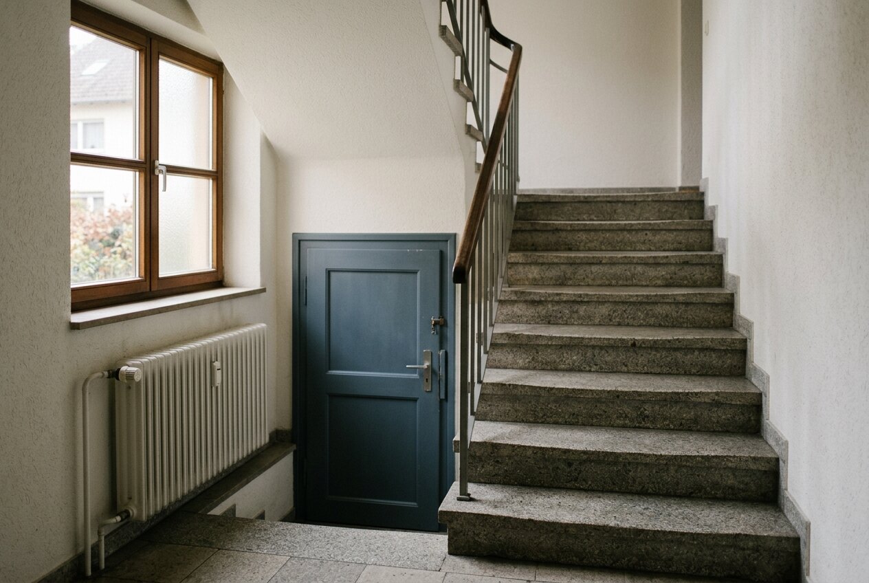 Treppenhaus eines Mehrfamilienhauses mit Steinstufen, Heizkörper und Kellertür