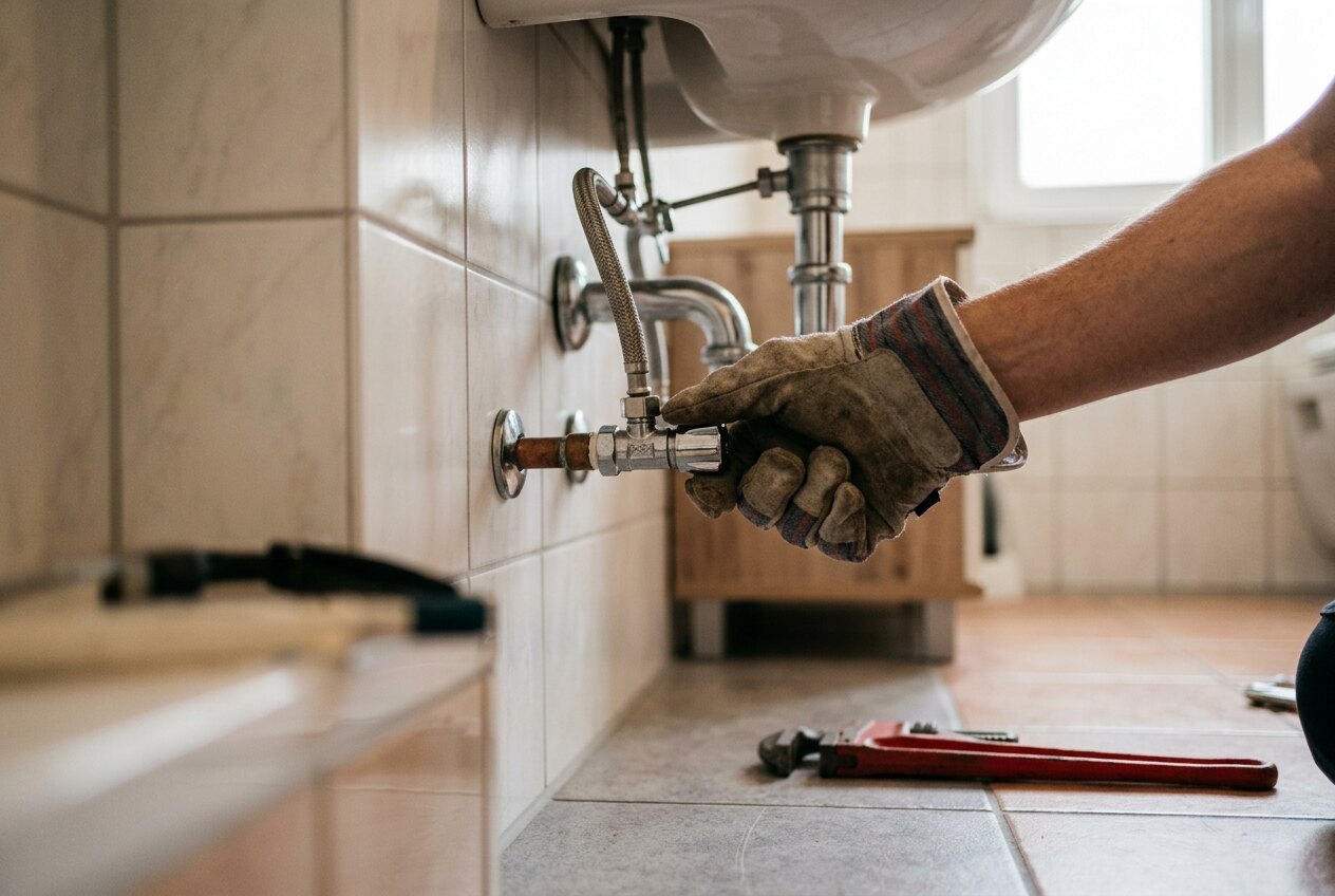 Hand im Arbeitshandschuh dreht ein Eckventil unter einem Waschbecken zu