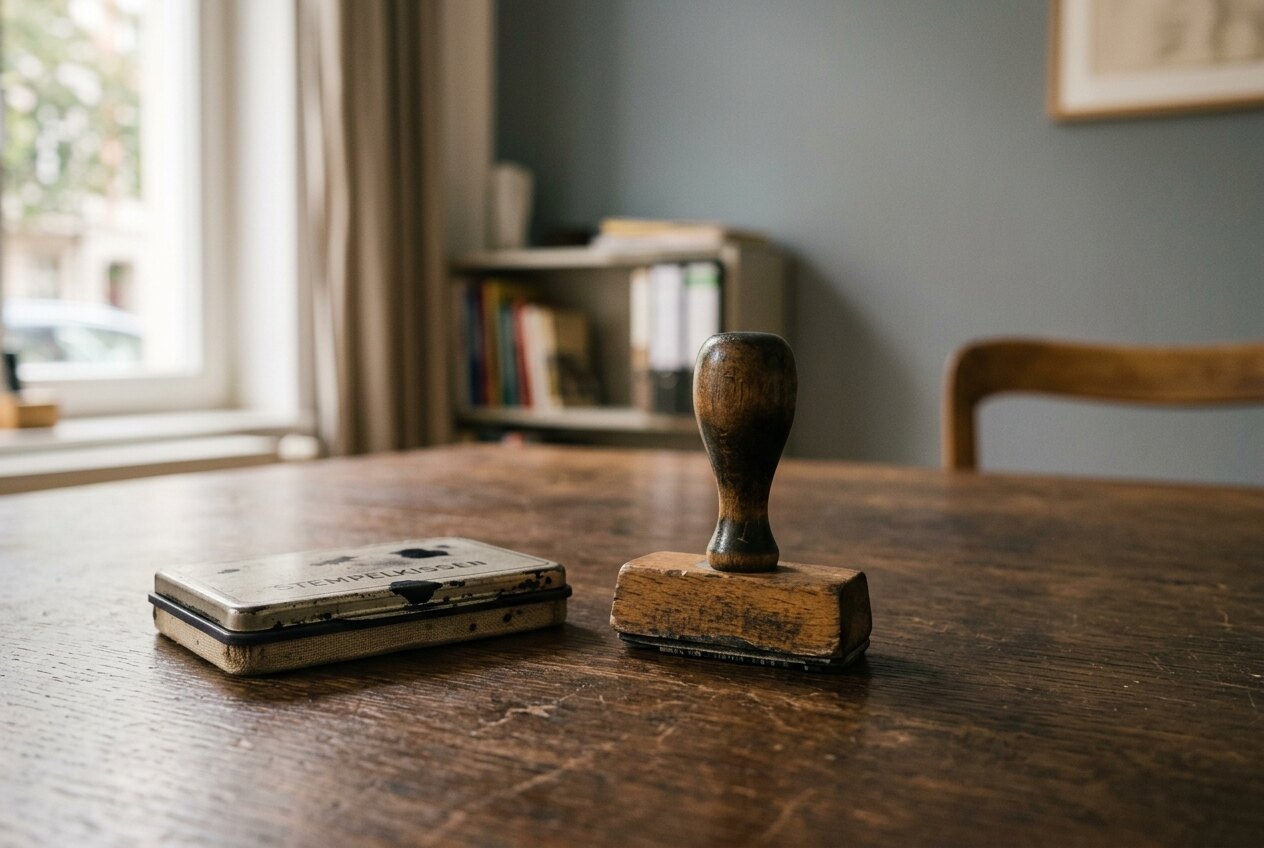 Alter Holzstempel neben einem geschlossenen Stempelkissen auf einem dunklen Tisch
