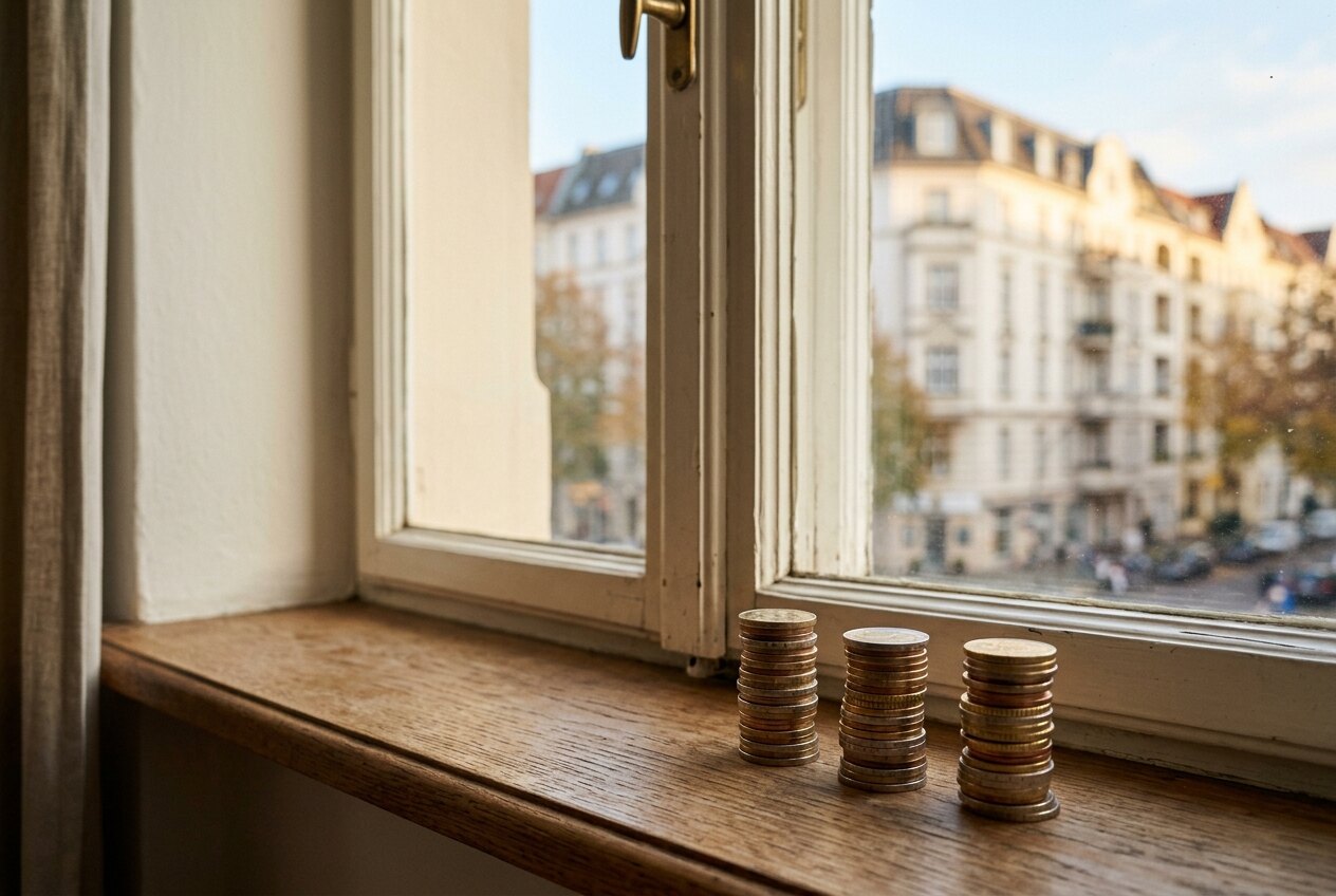 Drei gleich hohe Stapel Euro-Münzen auf einer Fensterbank