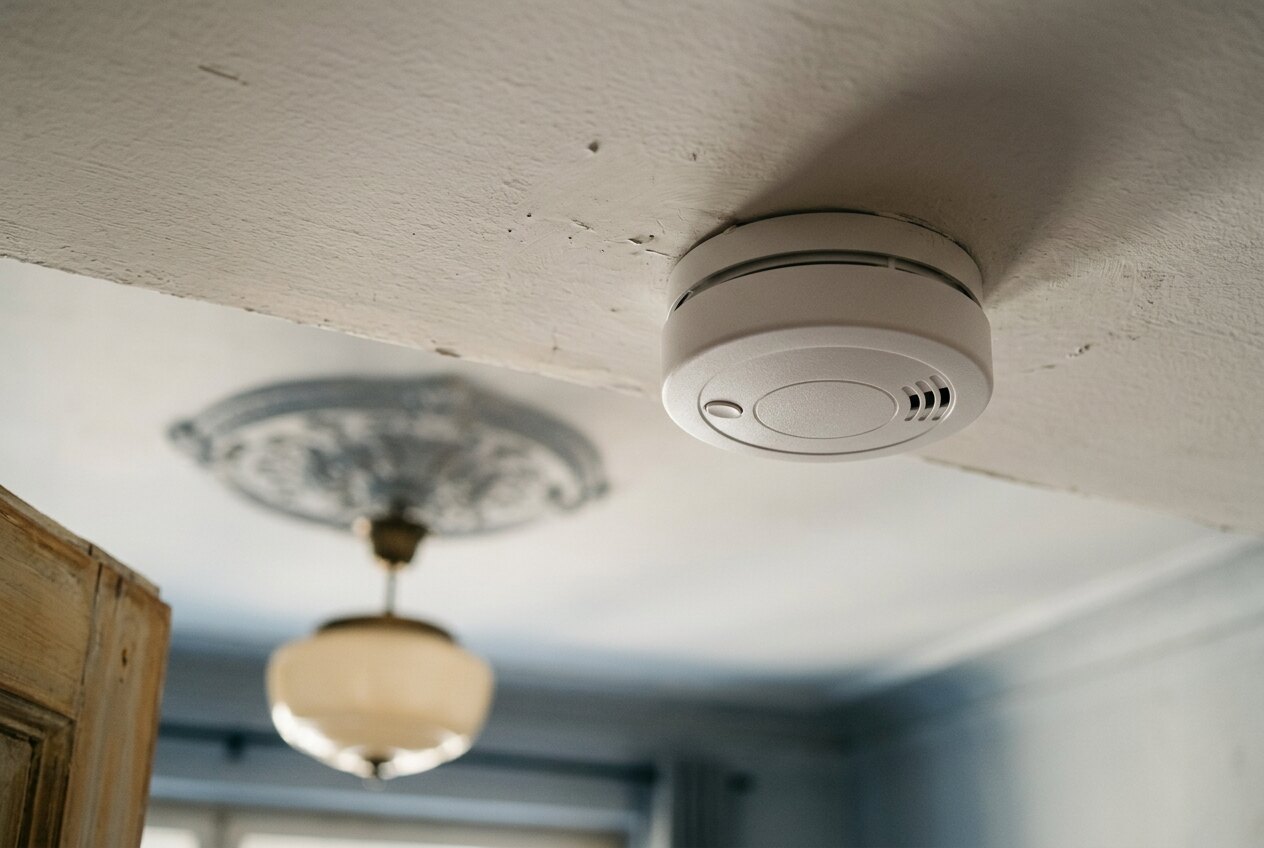 Runder weißer Rauchmelder an der Zimmerdecke einer Altbauwohnung neben einer Stuckrosette