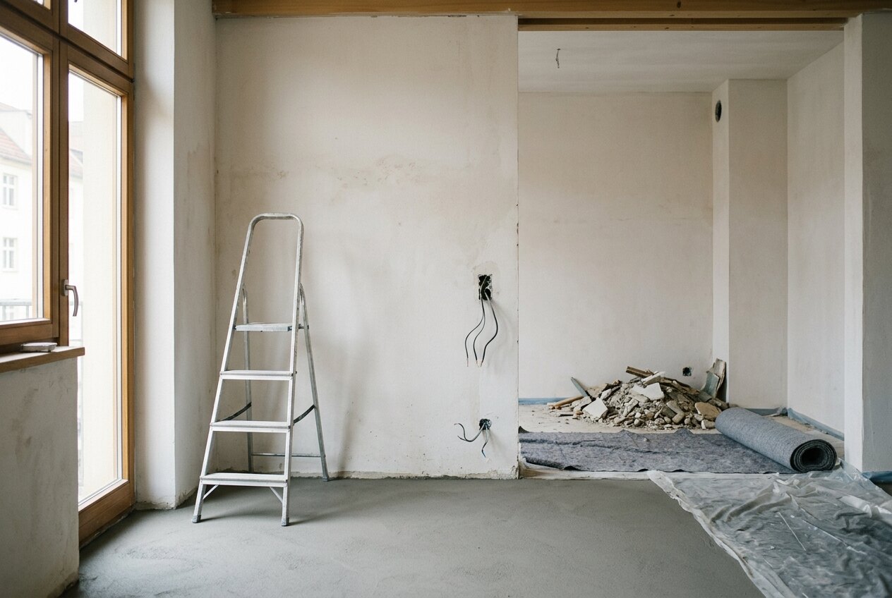 Entkernte Altbauwohnung während der Sanierung mit Estrich, Leiter und Bauschutt