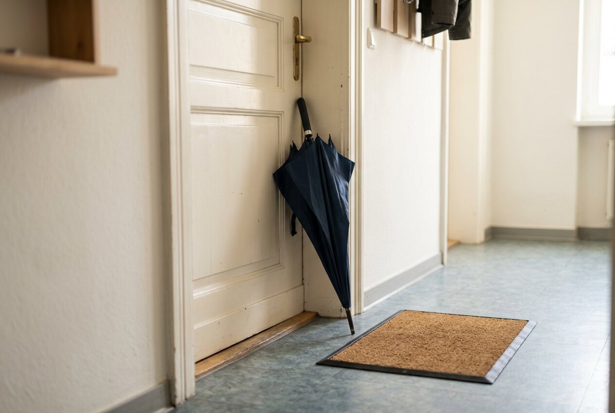Folded umbrella leaning against an apartment door in a hallway