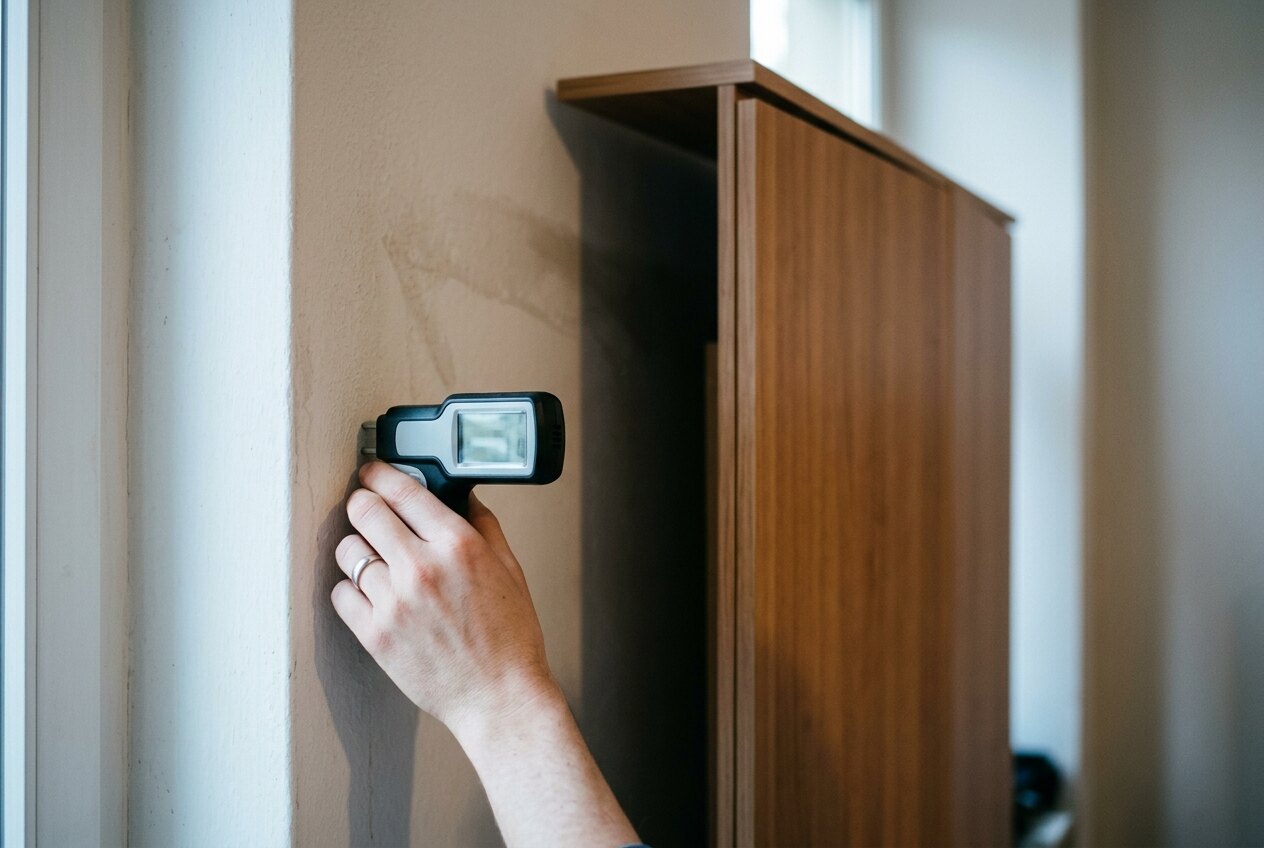 Feuchtigkeitsmessgerät wird an eine Wand hinter einem abgerückten Schrank gehalten