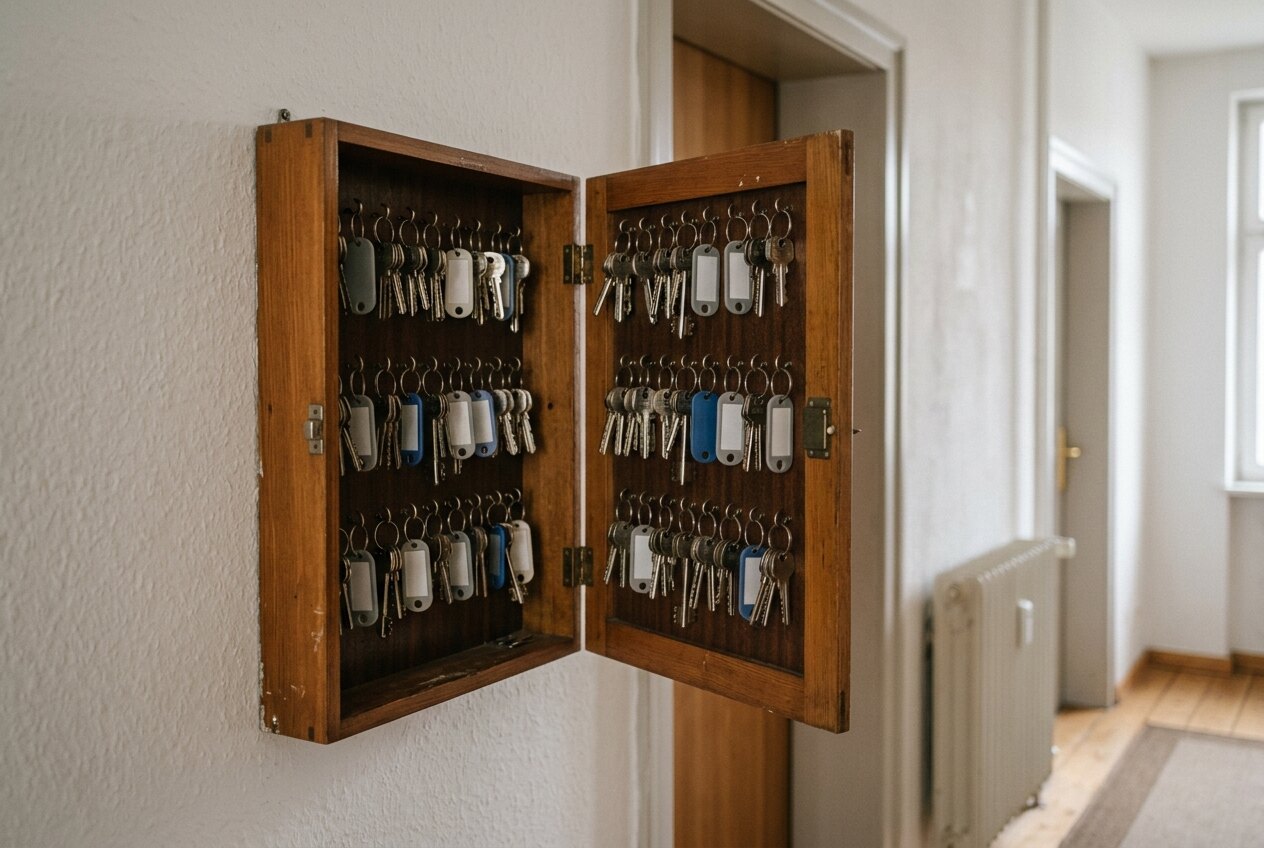Geöffneter Schlüsselschrank an einer Wand mit vielen Schlüsselbunden