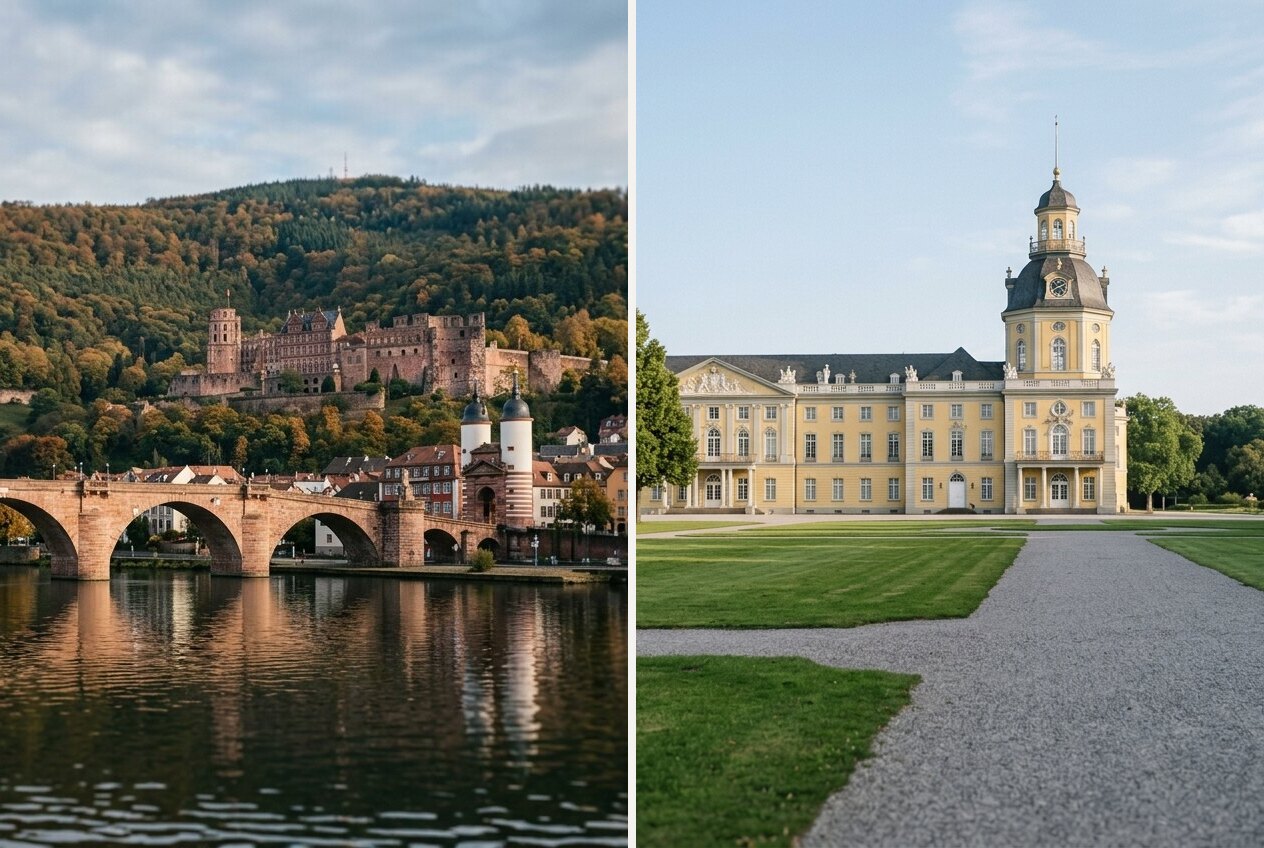 Heidelberg mit Alter Brücke und Schloss links, Schloss Karlsruhe rechts: die Firmensitze von Smartmiete und Deutscher Mietkaution