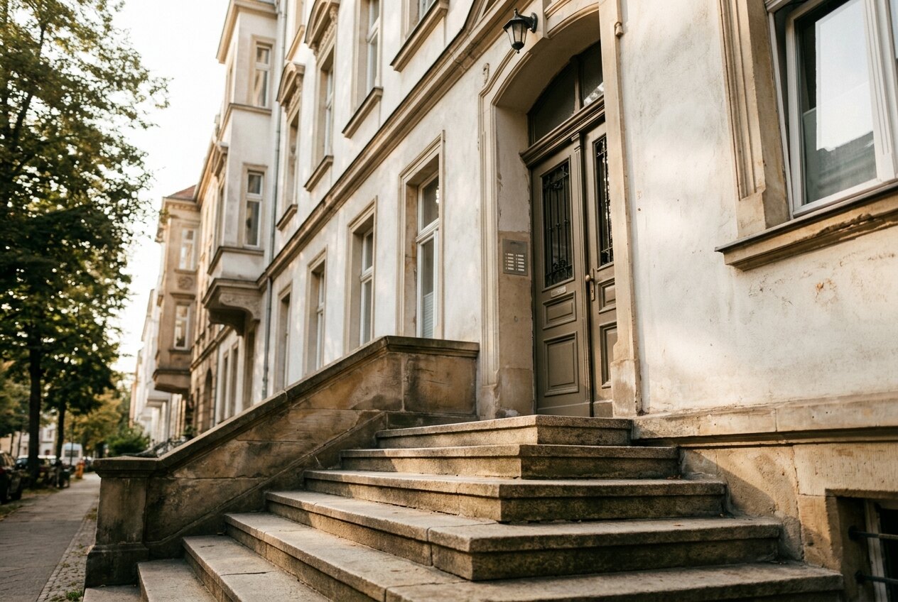 Steinstufen führen im warmen Morgenlicht zur Eingangstür eines Altbau-Mehrfamilienhauses