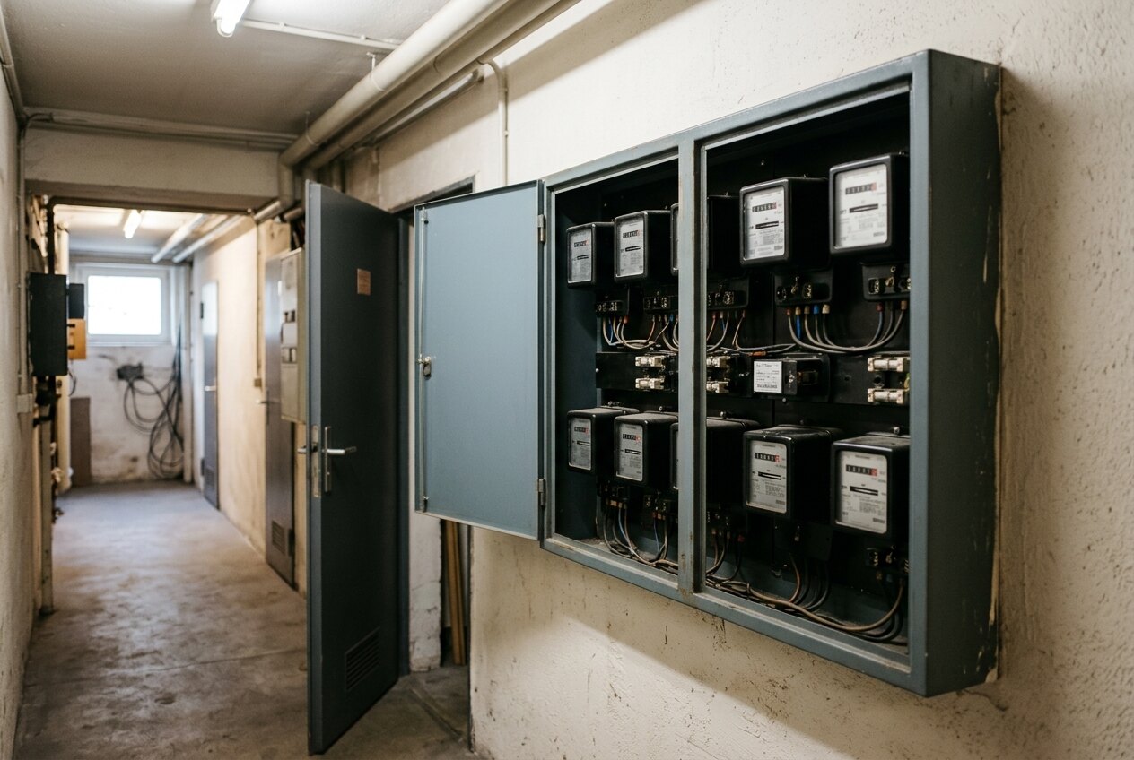 Geöffneter Zählerschrank mit mehreren Stromzählern im Keller eines Mehrfamilienhauses