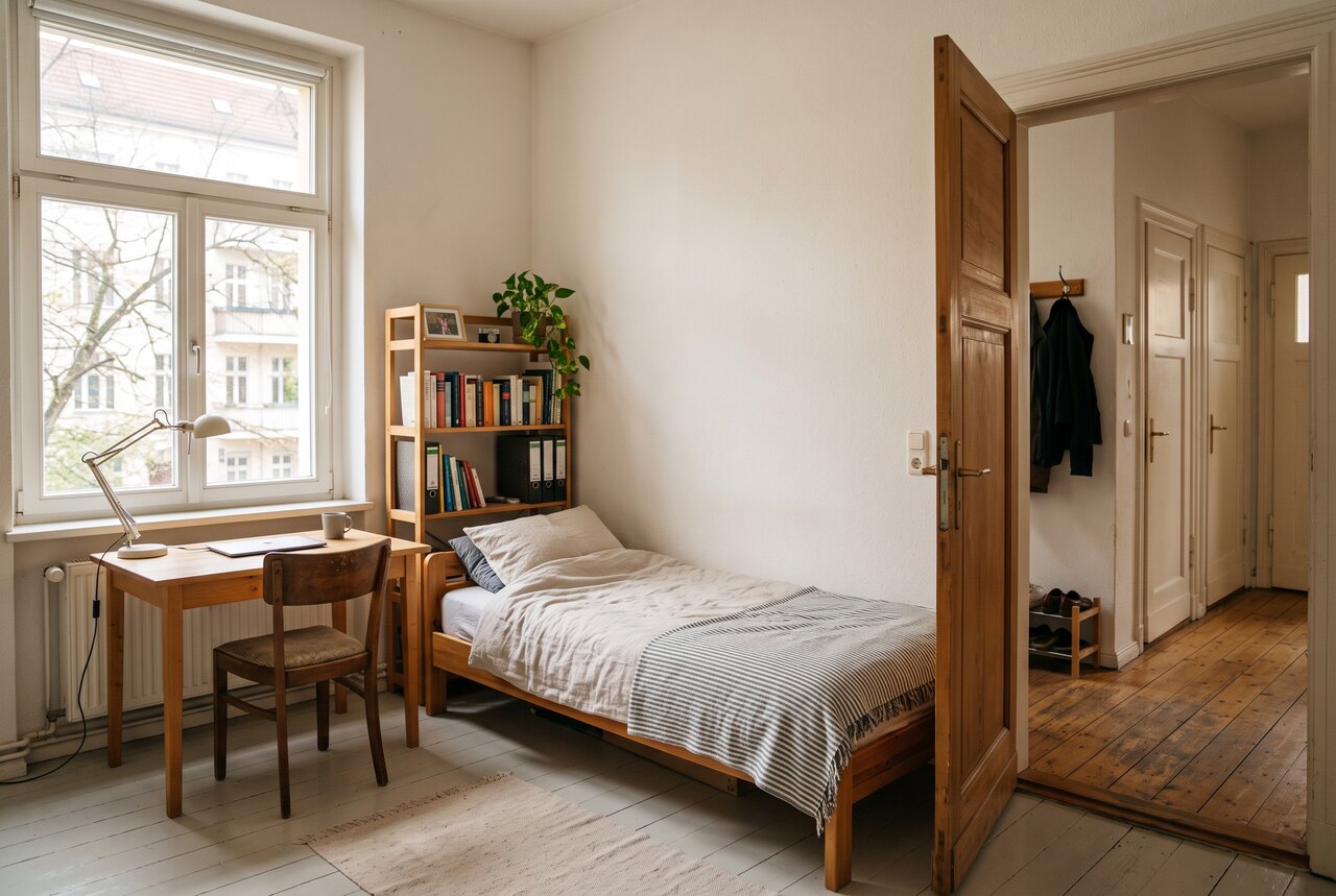 Möbliertes WG-Zimmer mit Schreibtisch am Fenster, dahinter der Flur mit weiteren Zimmertüren