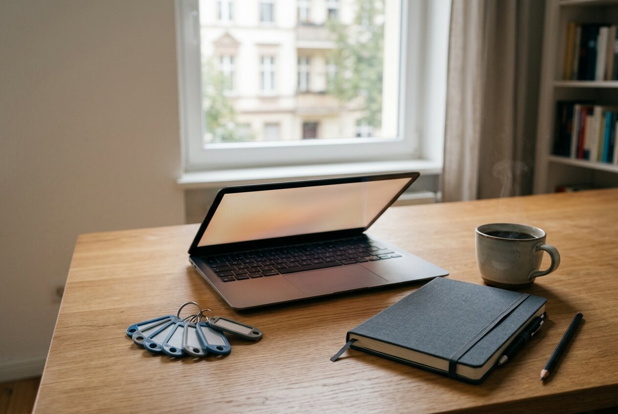 Schreibtisch mit mehreren Schlüsselanhängern für verschiedene Wohnungen, einem Laptop und einem Notizbuch