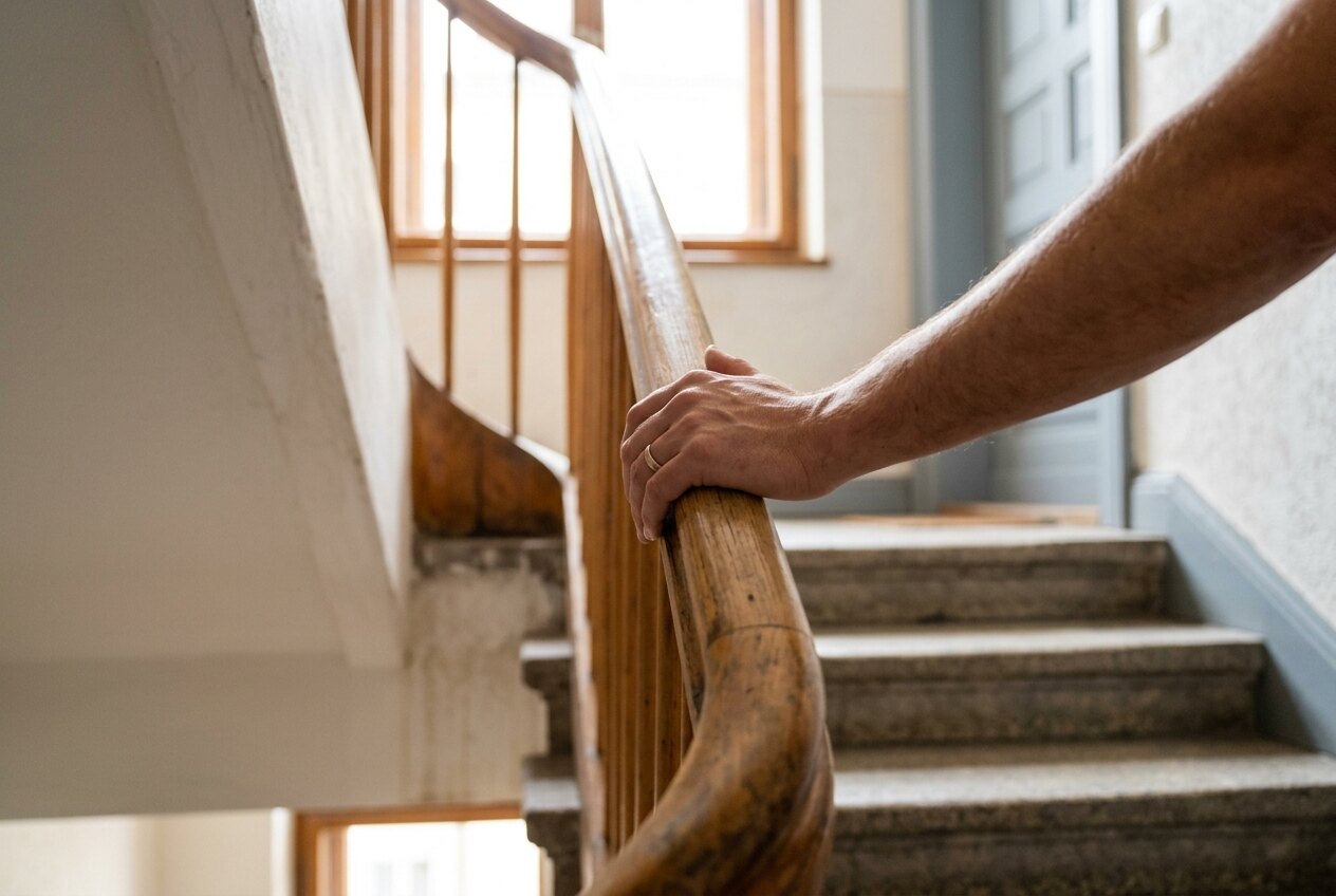 Hand auf dem Holzhandlauf eines Treppenhauses in einem Altbau