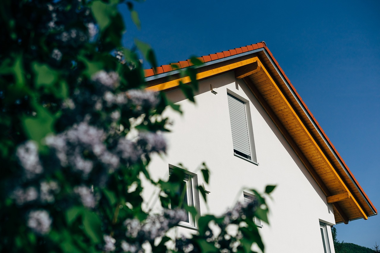 Wohnhaus mit rotem Ziegeldach vor blauem Himmel, im Vordergrund blühender Flieder