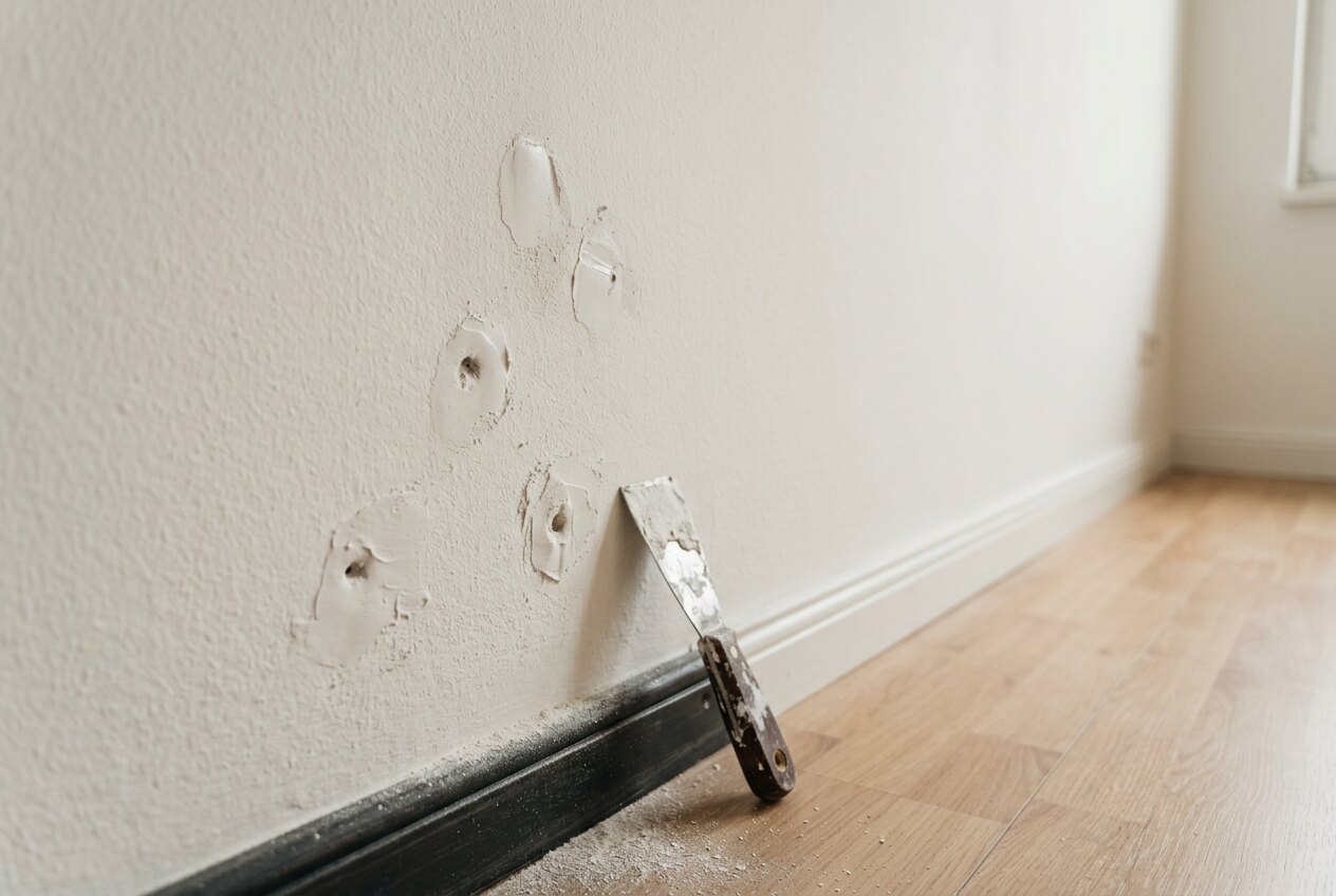 Frisch verspachtelte Dübellöcher an einer Zimmerwand, daneben ein Spachtel