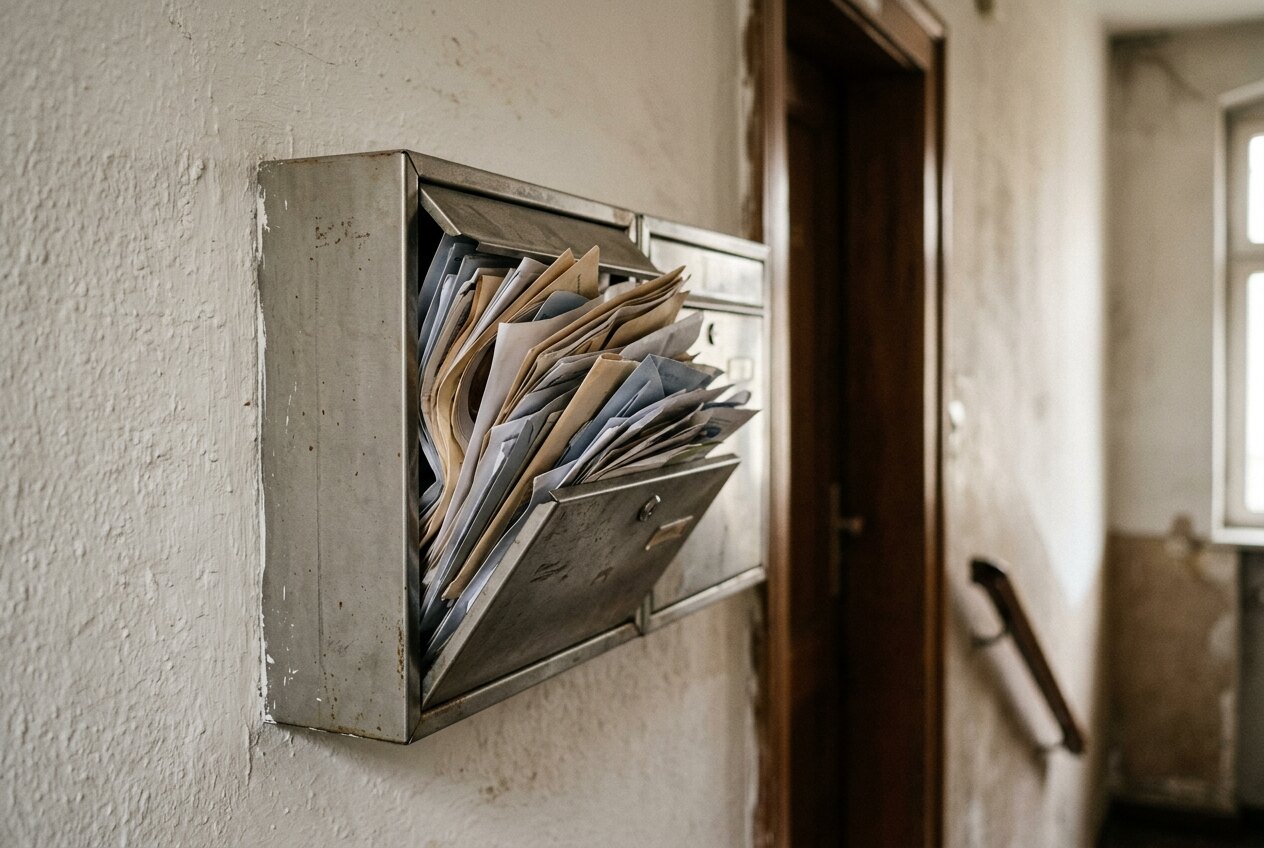 Überquellender Hausbriefkasten mit ungeleerten Sendungen im Hausflur