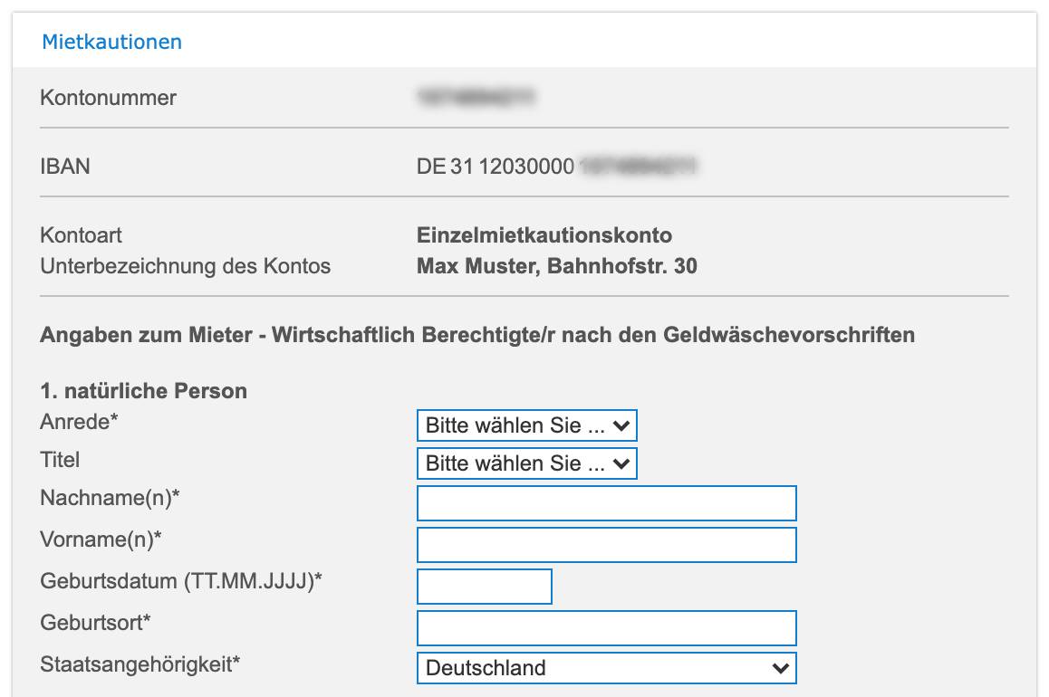 Kontoübersicht eines Einzelmietkautionskontos mit Unterbezeichnung auf den Mieter