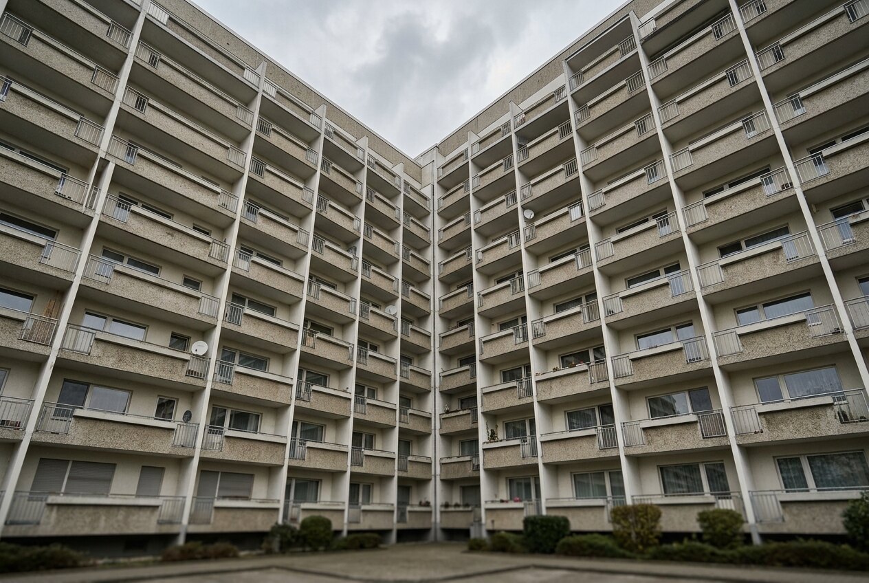Fassade eines großen Wohnblocks aus den 1970er Jahren mit vielen identischen Balkonen