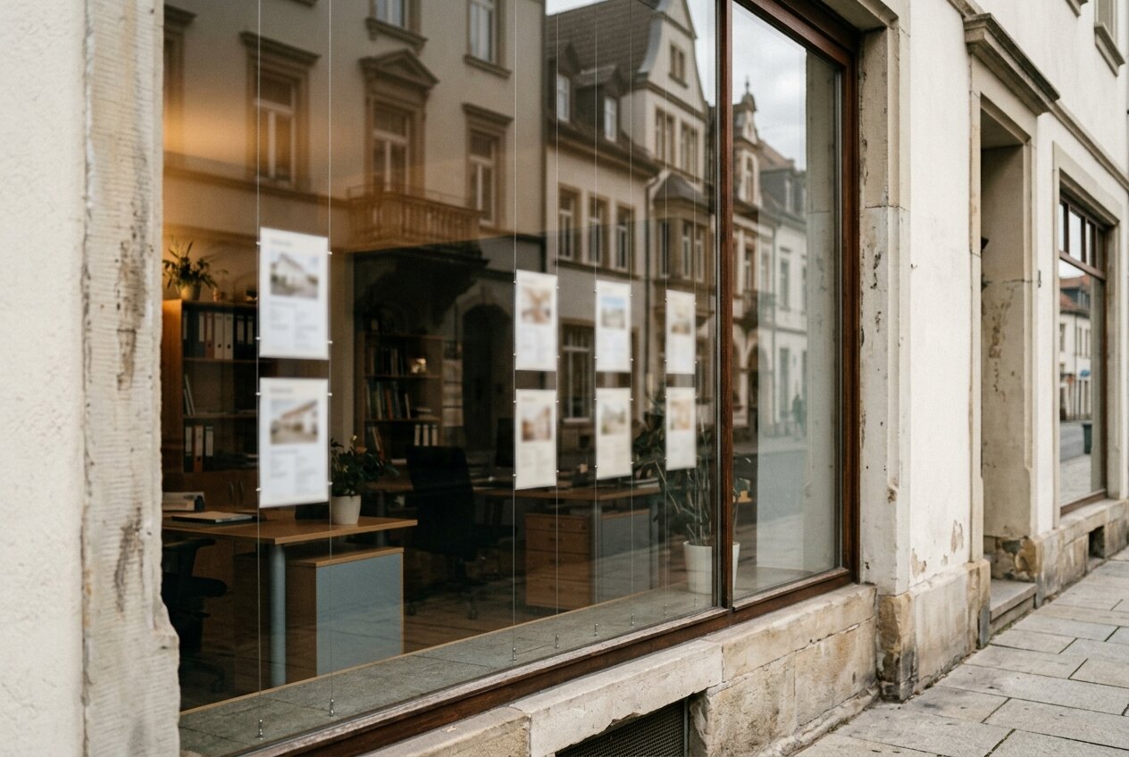 Schaufenster eines Maklerbüros mit ausgehängten Exposés, darin spiegelt sich die Häuserzeile
