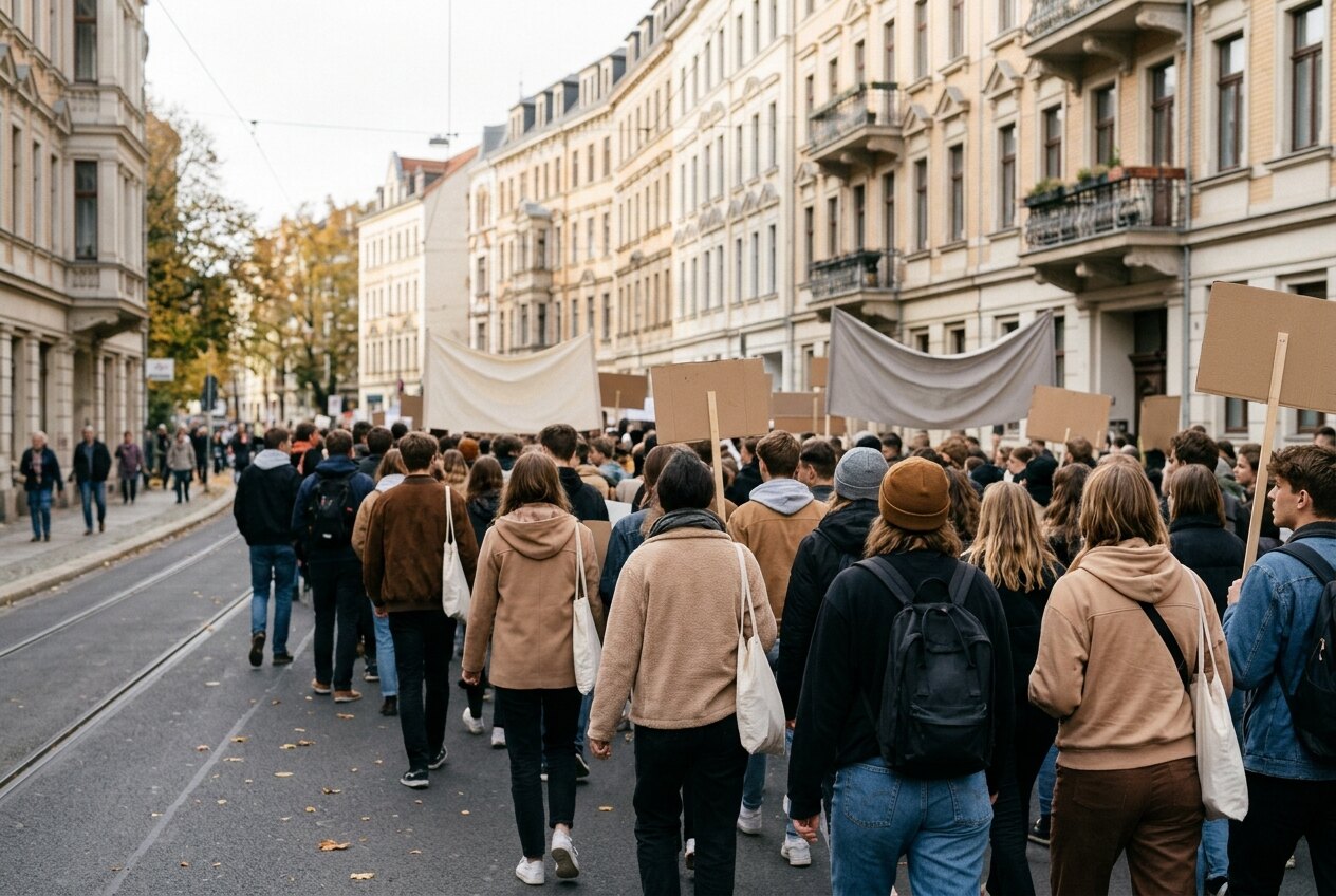 Junge Menschen bei einer friedlichen Demonstration auf einer Straße mit Gründerzeit-Wohnhäusern, von hinten gesehen