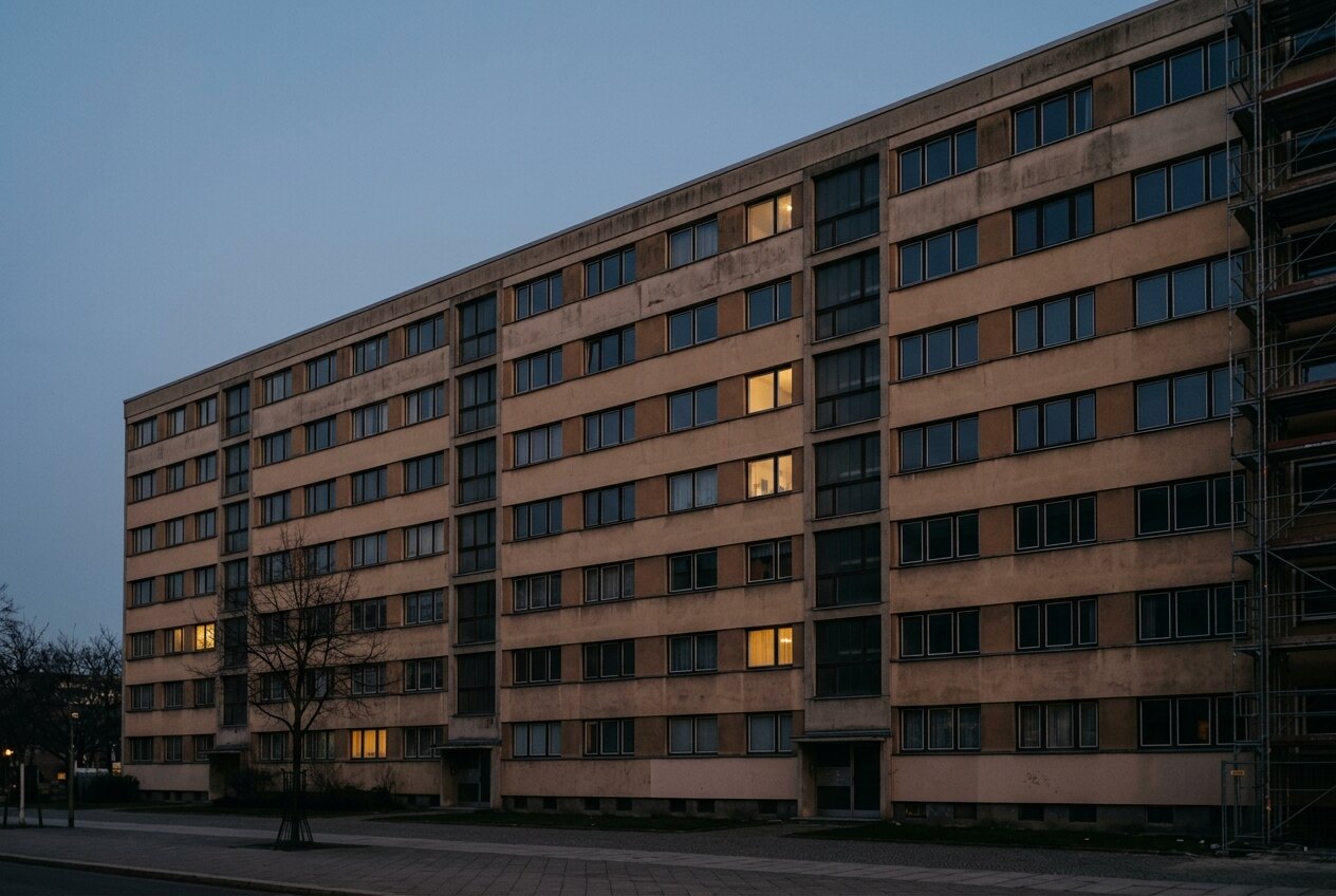 Wohnblock in der Abenddämmerung, nur wenige Fenster sind erleuchtet