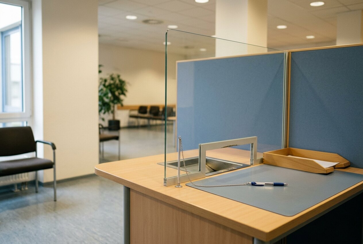 Schalterplatz in einem Bürgeramt mit Glas-Sichtblende und einem Kugelschreiber an einer Kette