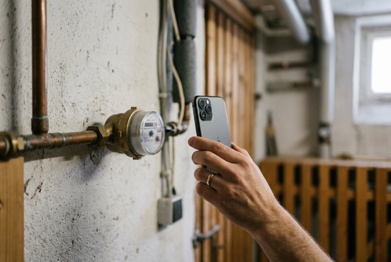 Wasserzähler an einer Kellerwand wird mit einem Smartphone fotografiert