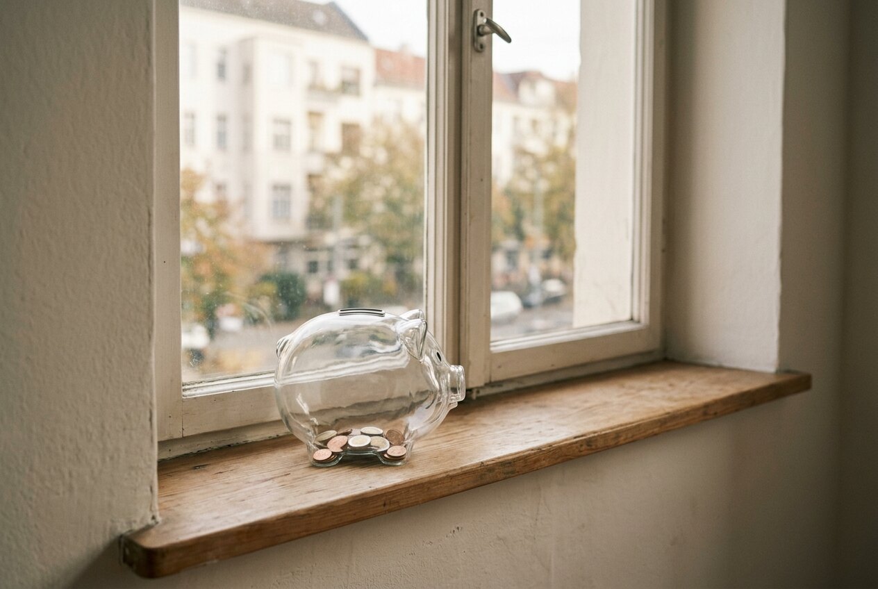 Gläsernes Sparschwein mit wenigen Münzen auf einer Fensterbank